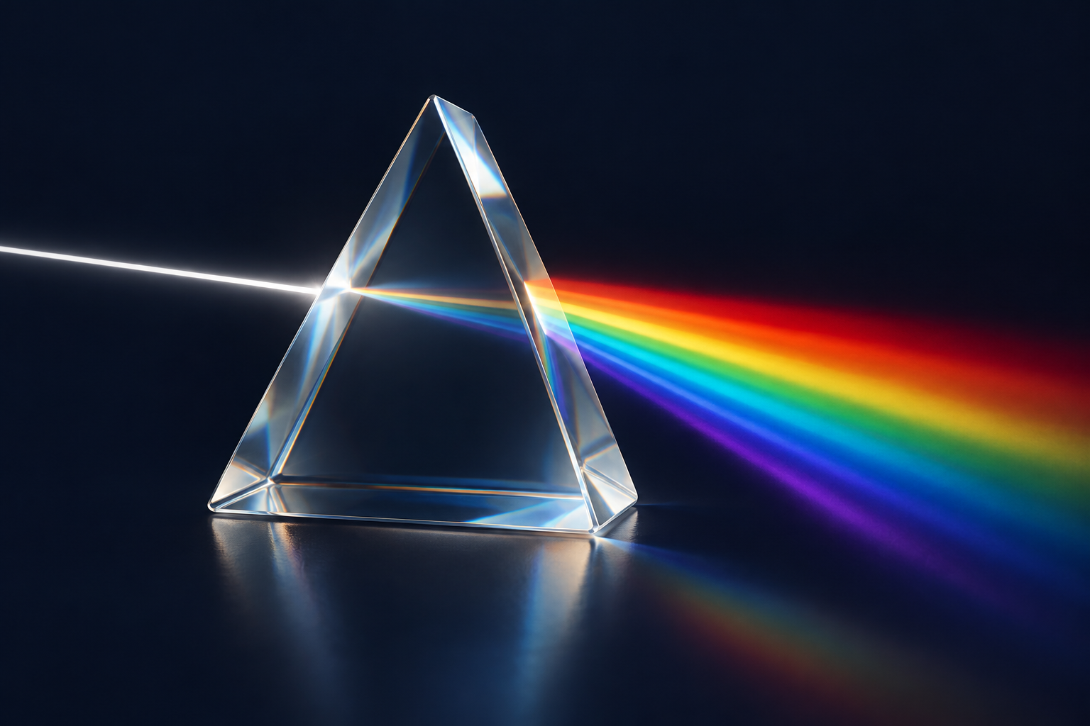 A three-dimensional glass prism refracts a white beam into a vivid spectrum of red, orange, yellow, green, blue, and violet light. A stylized illustration of dispersion.